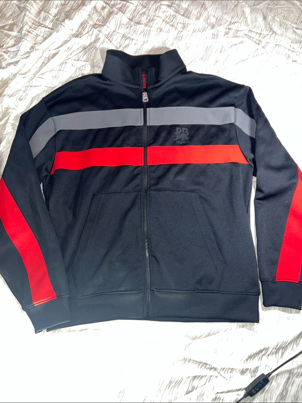 Hugo Boss Black Zip-Up Sweater with Red and Gray Stripes